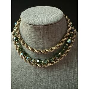 Vtg Runway Napier 3 Strand Green AB Crystal Rope Chain Statement Necklace 60s